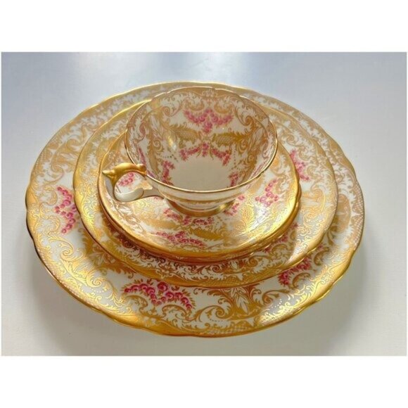 John Ansley Bone China 7986 00 Place Setting Gold Leaf Ornate Pink Vtg - Picture 8 of 16